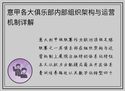 意甲各大俱乐部内部组织架构与运营机制详解